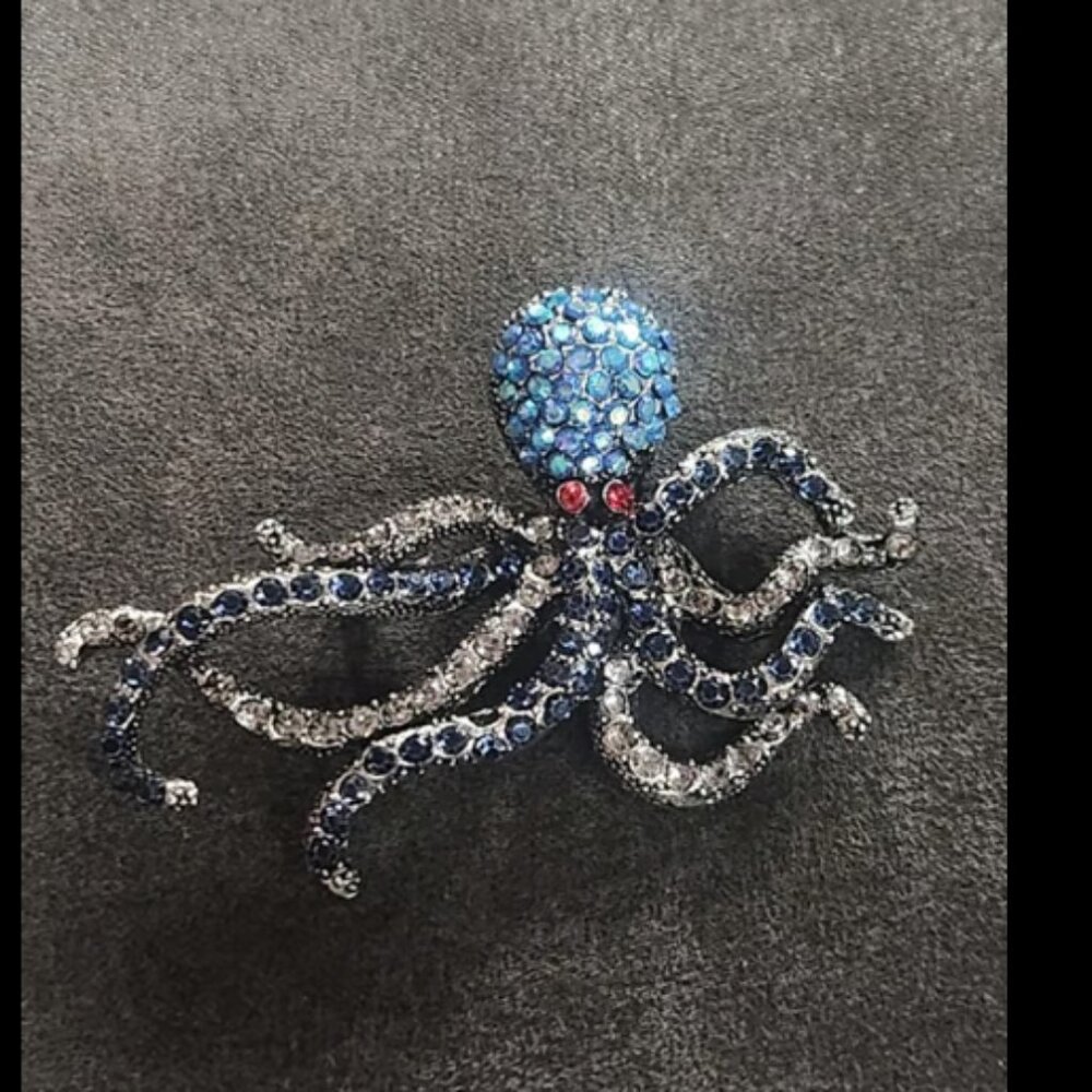 Blue Octopus Rhinestone Brooch